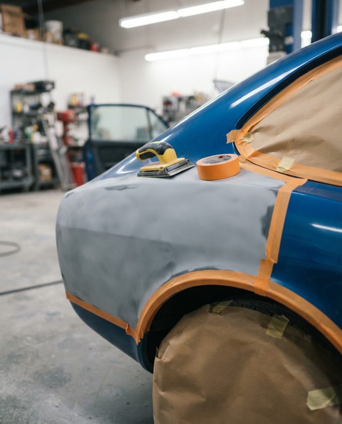 Illustrative image: a car panel sanded to primer and masked up ready for paint