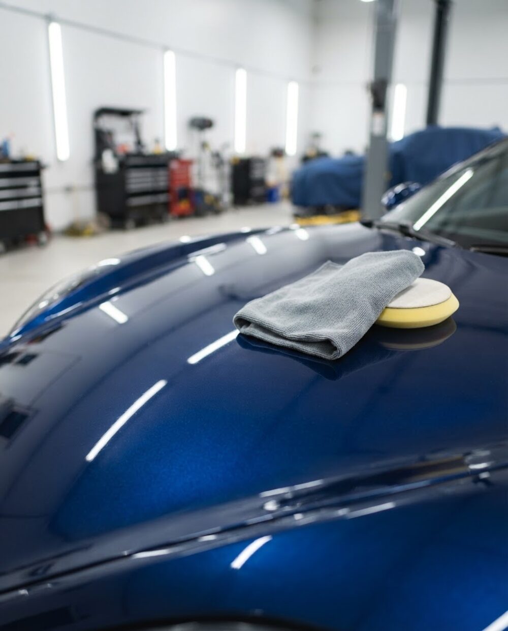 Illustrative image: a freshly polished car bonnet reflecting the workshop lights