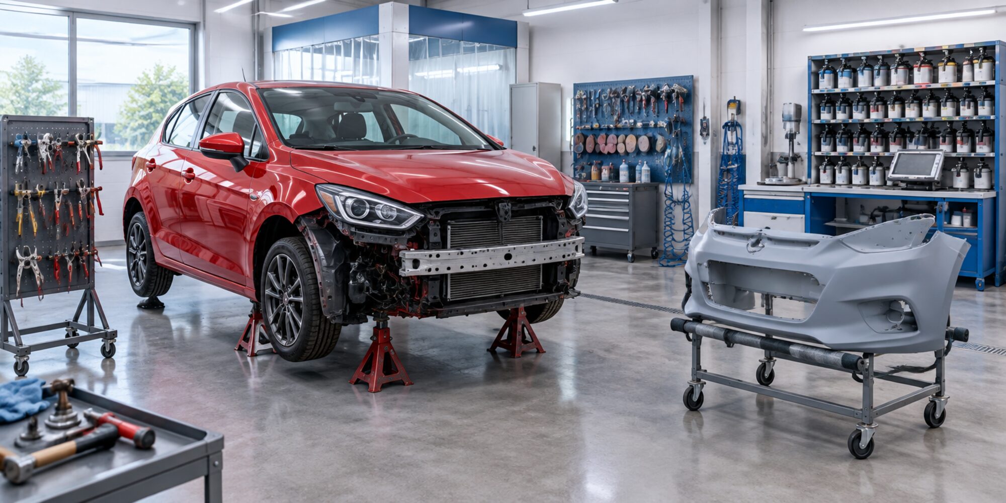 Illustrative image: a hatchback in a repair bay with its front bumper off and a primed replacement beside it