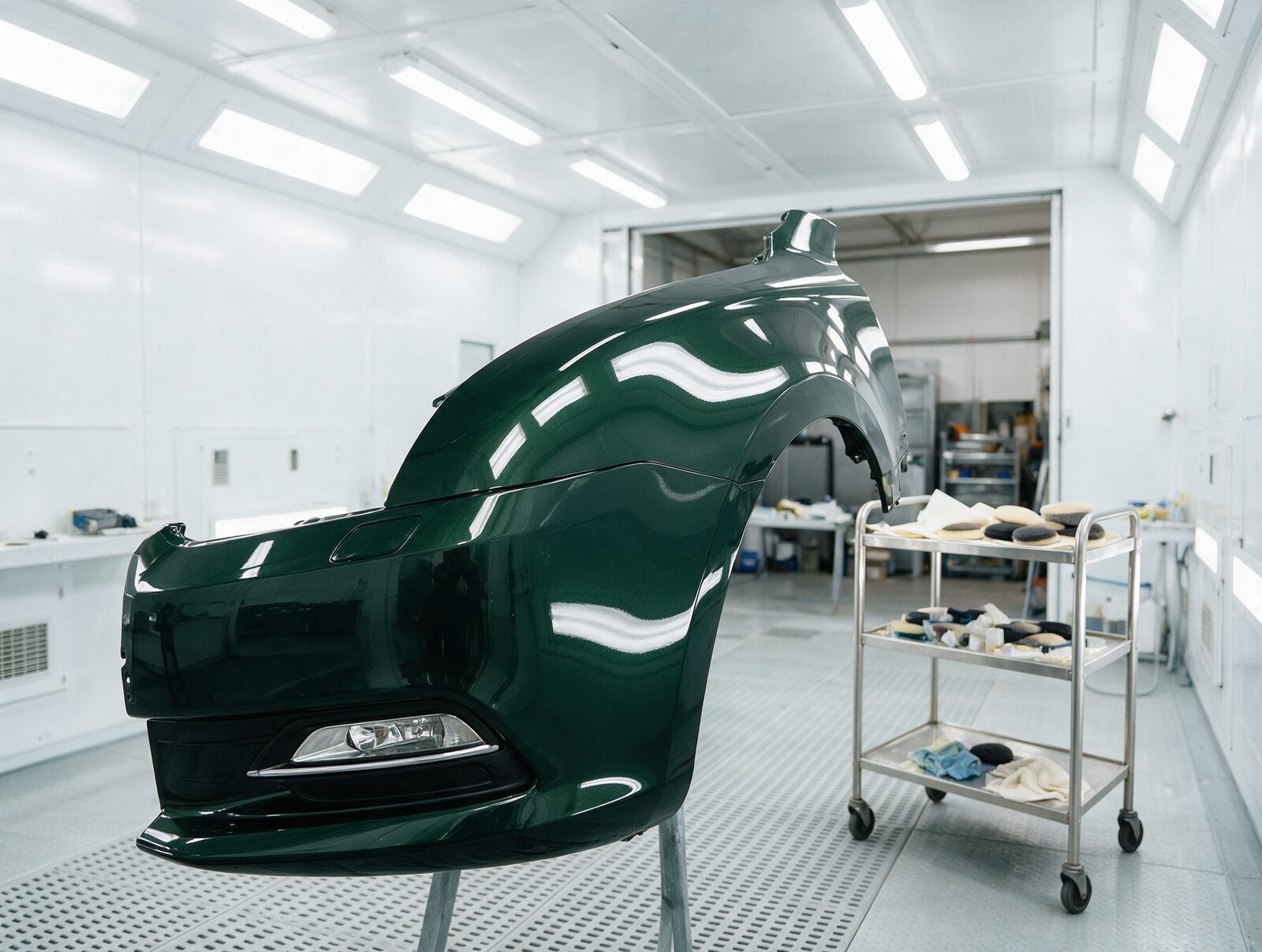 Illustrative image: a freshly painted green front wing and bumper in a bright spray booth