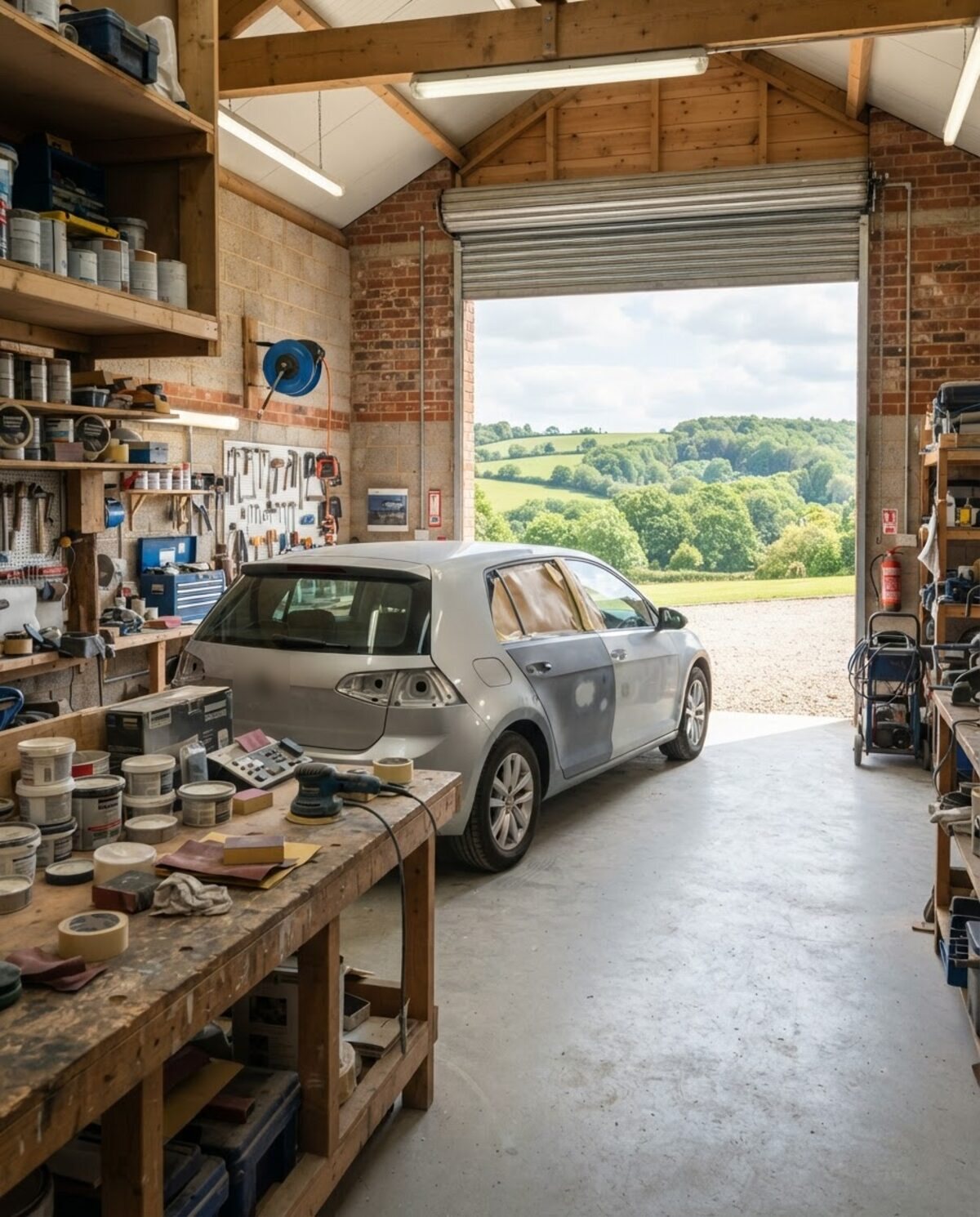 Illustrative image: a silver hatchback mid-repair in a bright, tidy workshop with green hills outside