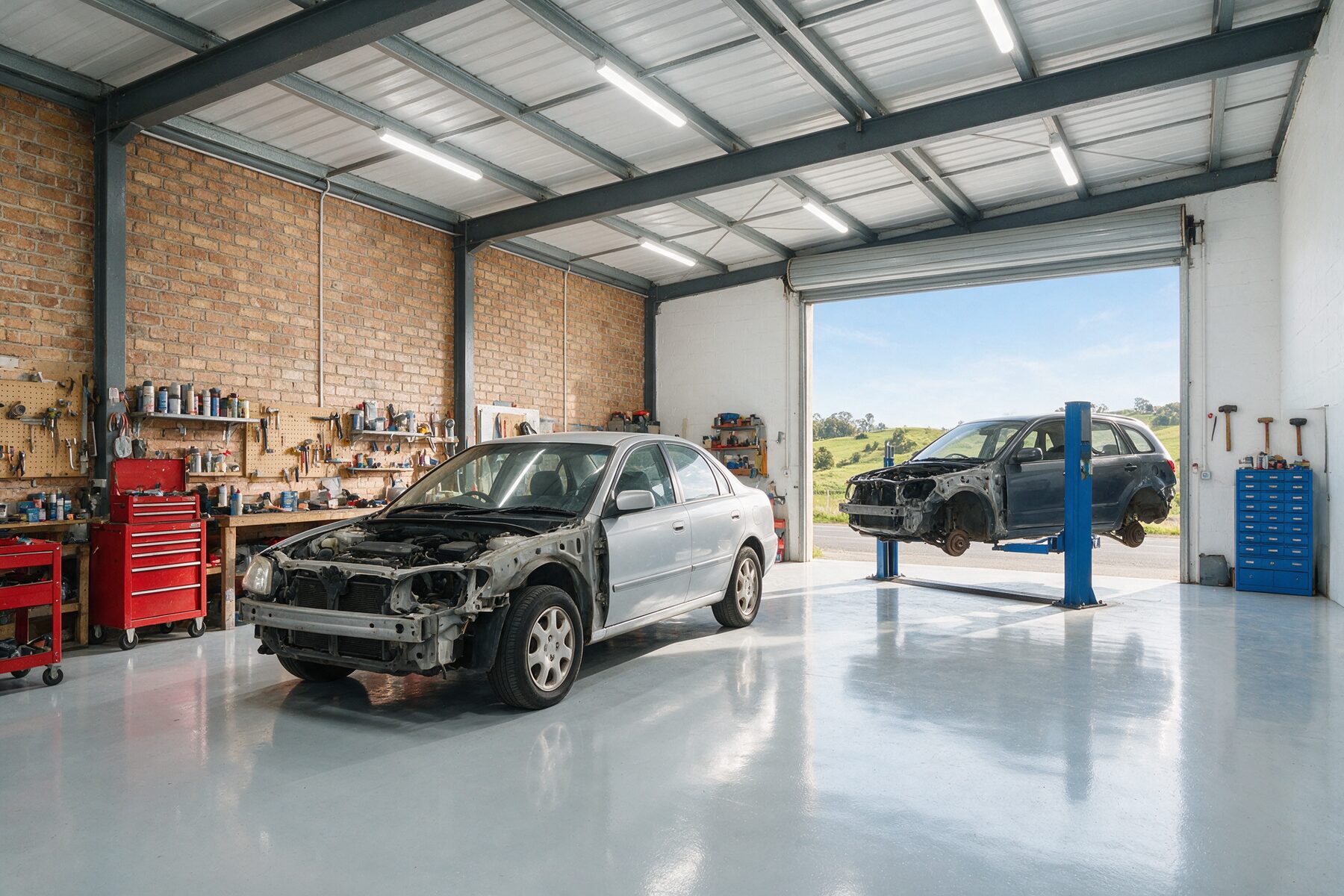 Illustrative image: a bright, well-organised body repair workshop with two cars mid-repair